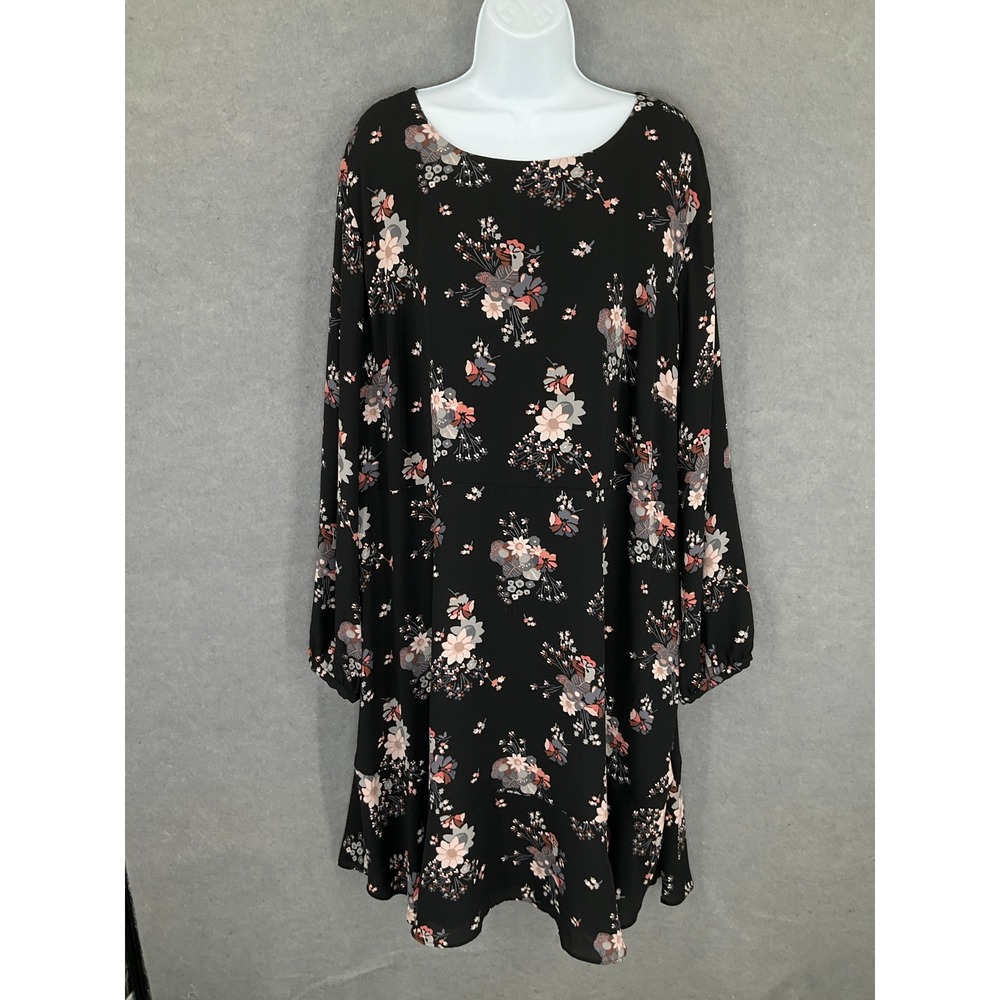 Loft Dress Womens Size 24 Dark Floral Long Sleeve Flowy Hem Round Neckline